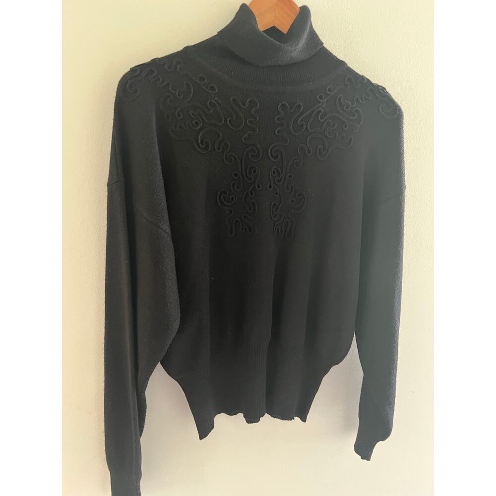 Meister Black Turtleneck Wool Blend Sweater Abstract Embroidery Medium JL